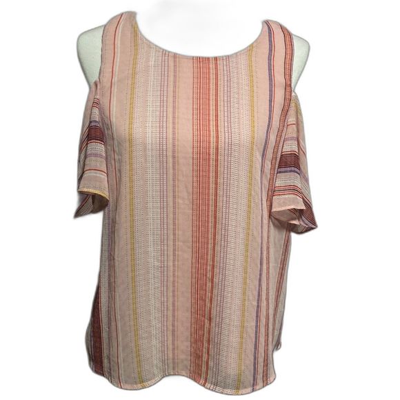 Large Lily White Pink Striped Exposed Shoulder Top - Picture 1 of 4